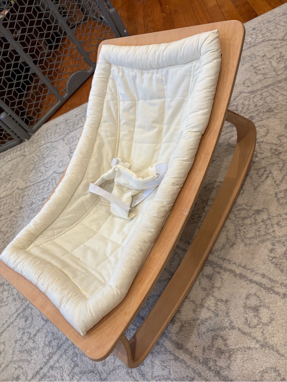 Cream Quilted Baby Rocker with Natural Wood Frame